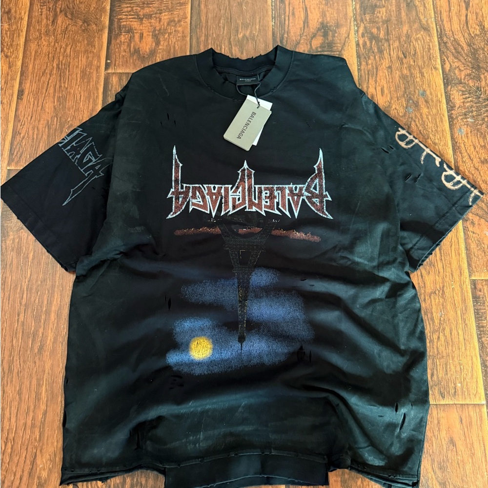 Black Distressed Graphic Short Sleeve Tee by Balenciaga